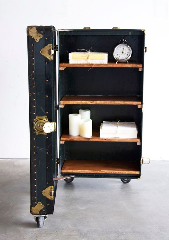 dark leather old fashioned suitcase made into cubby cabinet sidetable shelves