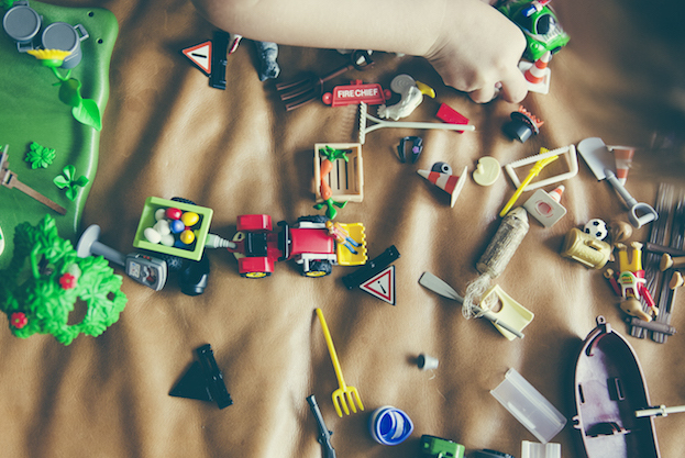 aerial view of kids toys on blanket on ground