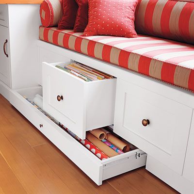 window seat hidden drawer with wrapping paper