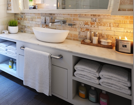urban farmhouse bathroom with open cupboards full of towels