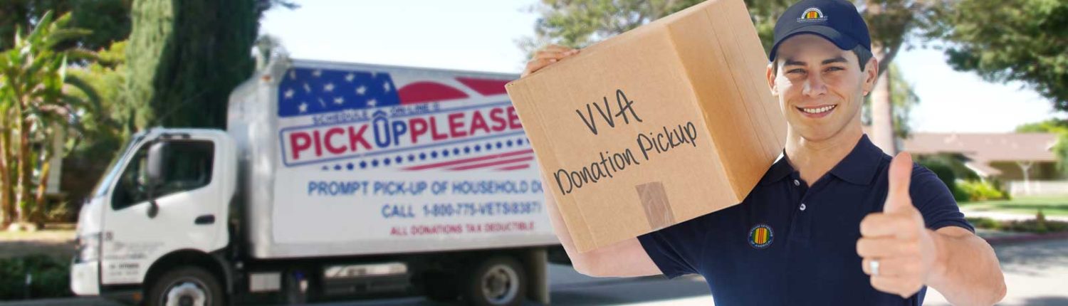 A delivery driver holding a box labeled VVA Donation Pickup. He is giving a thumbs up.
