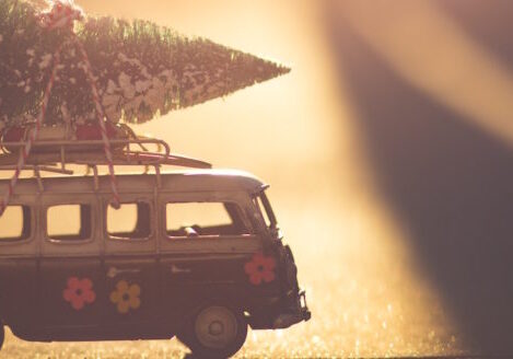 toy volkswagen bus carrying a Christmas tree
